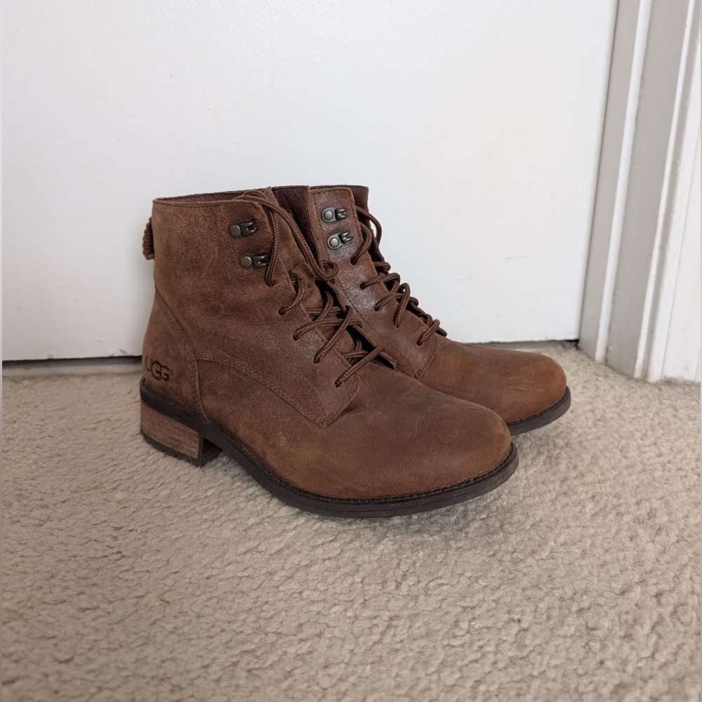 UGG Denhali Brown Leather Lace Up Ankle Hiking Combat Boots